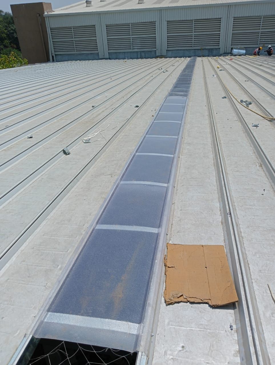 Line of translucent skylight sheets set into a clip lock roof, with roofers at the far end