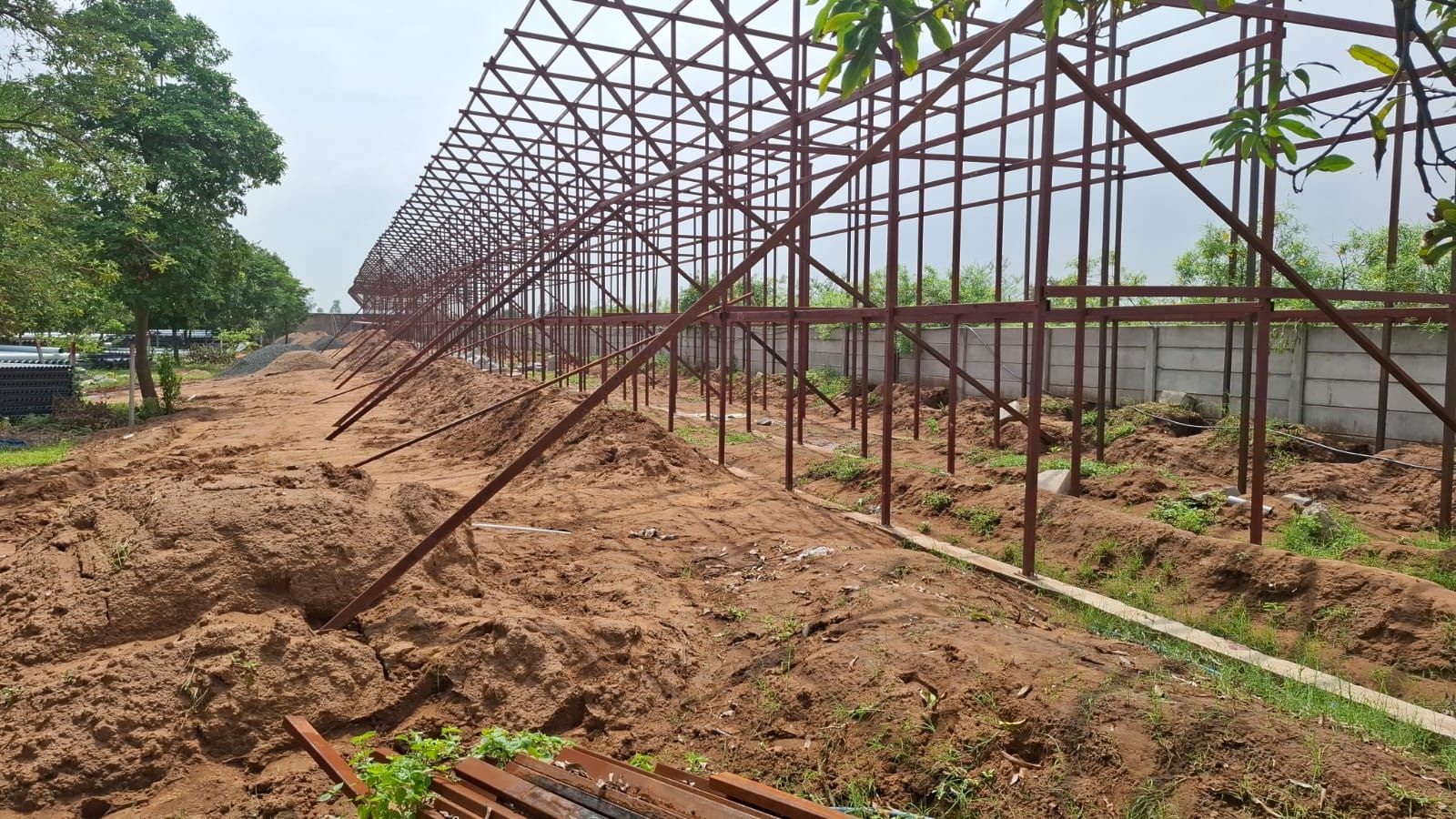Long multi-bay steel pipe rack in red primer, erected and braced on a factory site